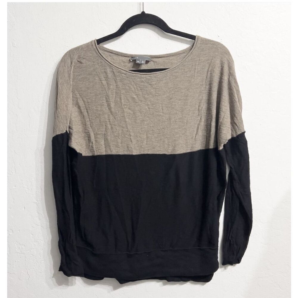 Vince Colorblock Lightweight Boatneck Cotton Knit Pullover Size XS Taupe Black